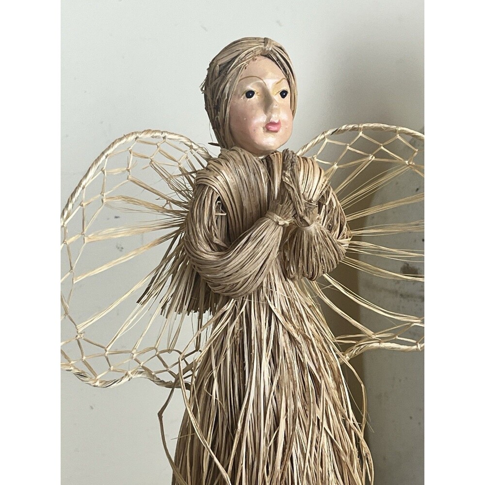 Vintage Hand Painted Woven Straw 12” Angel Figurine Hand Woven Primitive Rustic